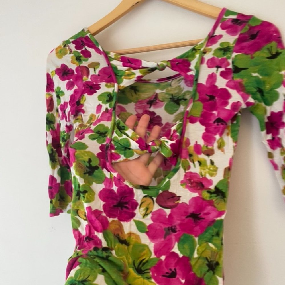 Bright Pink & Green Floral Soft 3/4 Length Sleeve Shirt Top - Vintage